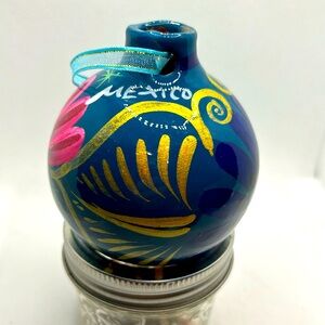 Hand Painted Round Ornament Mexico Folk Art Terra Cotta